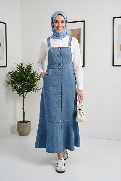 Hb Harma Time Butik Women's Adjustable Strap Buttoned Pocket Denim Blue Salopet