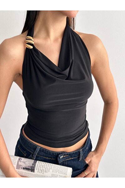 ALLEYTA Bluză de damă cu bretele la gât, cu spatele gol, cu drapaj în față și...