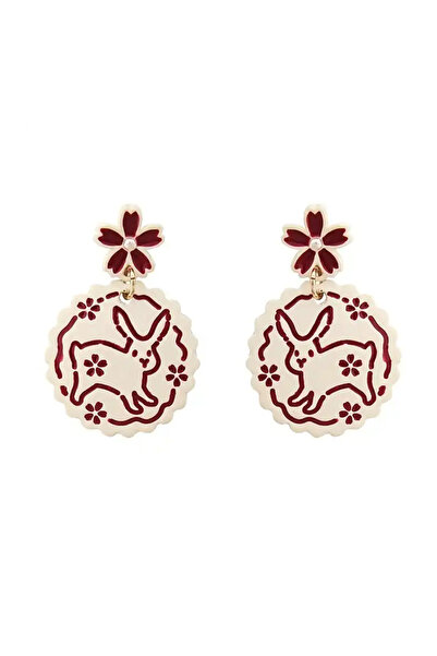 EFAYN.RO Women's earrings, round model with bunnies, spring flowers theme, wh...