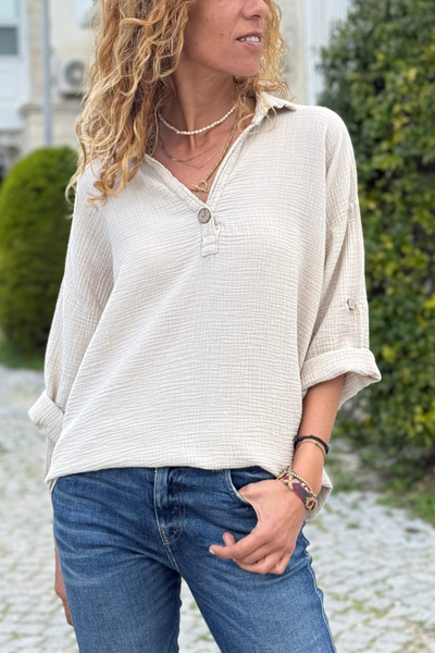 Güneşkızı Beige Half-Patched Ornamented Buttoned Cotton Loose Woven Blouse 65 55