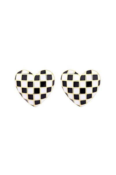 EFAYN.RO Women's earrings, vintage, heart shape, mosaic pattern, black and wh...