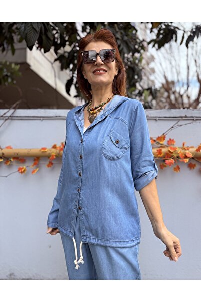 DenizEge Liyosel Hooded Denim Shirt Light Blue