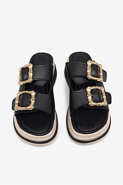 Tonny Black Women's Black Comfortable Fit High Sole Buckle Slippers