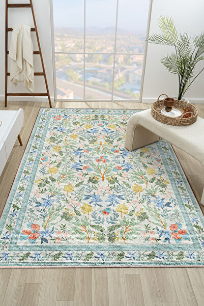 GECE MODA ETNİK DESENLİ DİJİTAL BASKILI MAVİ Kaymaz Taban Yıkanabilir Mutfak ...