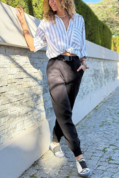 Güneşkızı Women's Black Color Belt Buckle Waist Elastic Cuffed Pocket Cargo P...