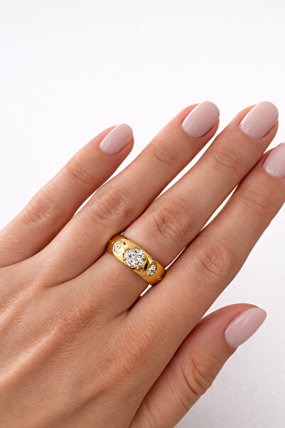 kubotique خاتم قابل للتعديل من الفولاذ المقاوم للصدأ باللون الذهبي مرصع بالأحجار