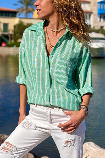Güneşkızı Green Striped Pocketed Cotton Casual Woven Shirt 70 50