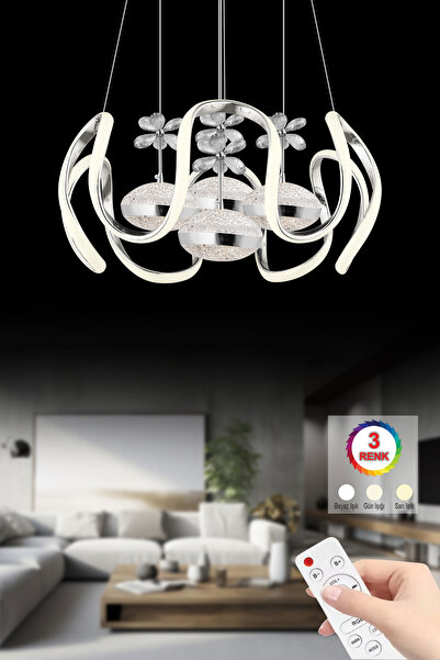 İstanbul Avize Polen Kumandalı Gümüş 3 Renk Ledli Modern Lüx Salon Led Avize