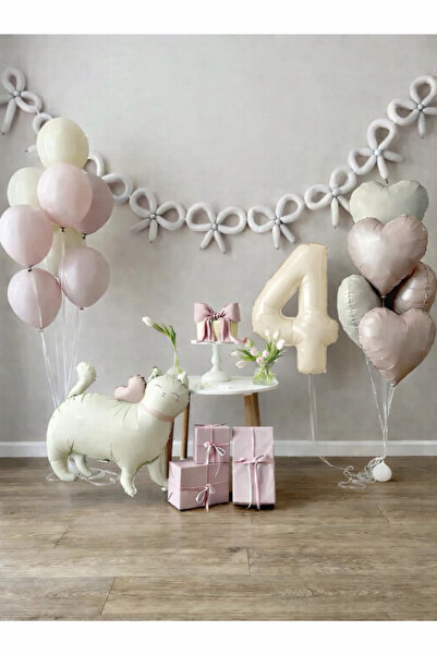 Çemrek Süs Parti Cream Number Age Balloon and Birthday Set Cat Foil Balloon S...