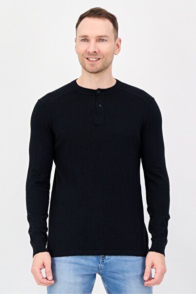 CELIO Men Crew Neck Knitted Long Sleeve Sweater, Black