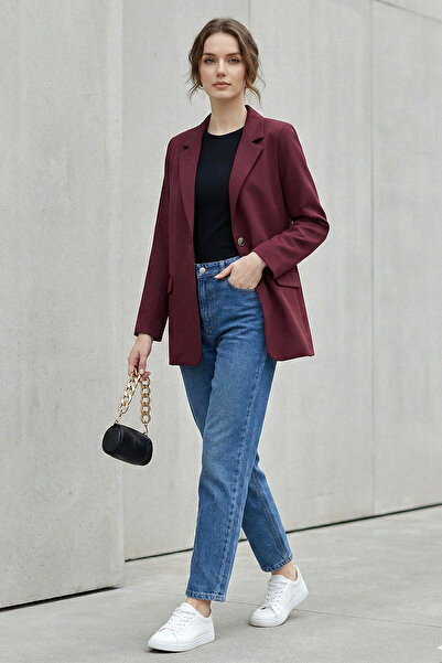 FERHEL Women's Single Button Lycra Jacket with Pockets - Burgundy