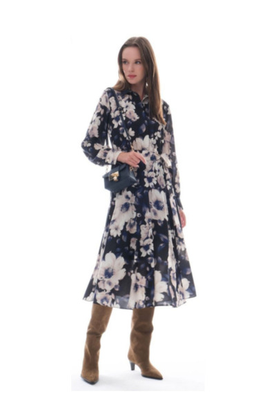EXPLOSION Kadın Lacivert Çiçek Desenli Şifon Görünümlü Belden Bağlamalı Elbise
