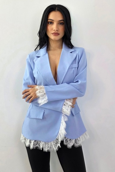 FashionForYou KISHA Pastel elegant long jacket with lace trim, Baby Blue, Siz...