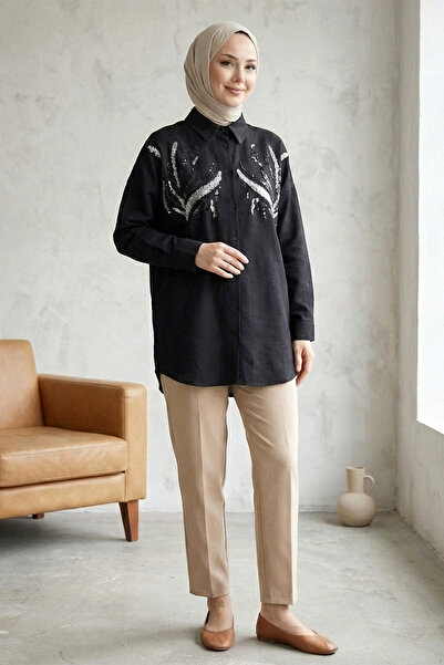 FERHEL Linen Fabric Front Buttoned Shirt Tunic with Sequin Detail on the Fron...