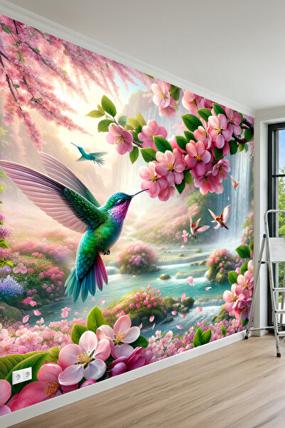 MİRAZAWALL Pembe Çiçekli Kolibri ve Şelale Manzaralı Tek Parça Tekstil Duvar ...