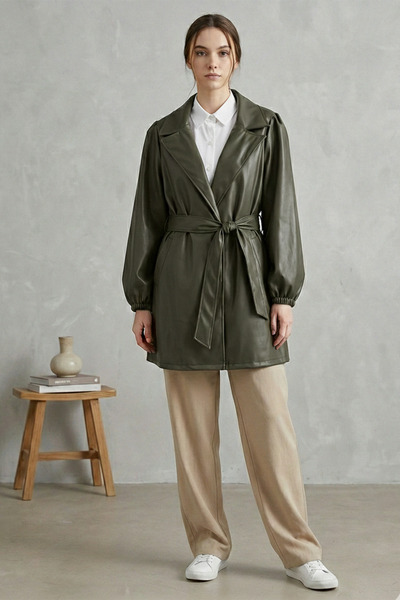 FERHEL Women's Double Pocket Buttoned Elastic Handle Faux Leather Cap - Khaki