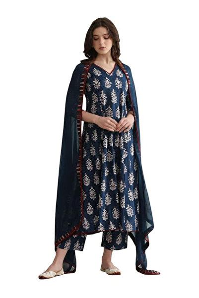 MYSMAR Blue Viscose Rayon Printed Anarkali Kurta Pant & Dupatta - VRN1020 | Blue