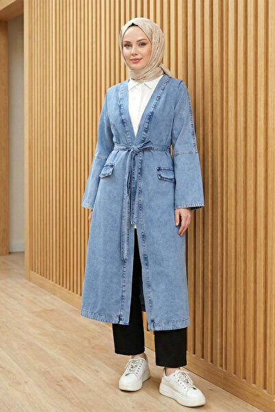 FERHEL Jachetă din denim pentru femei, cu buzunare și curea - albastru gheață