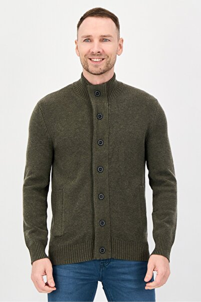 CELIO Men High Neck Textured Cardigan, Dusty Olive