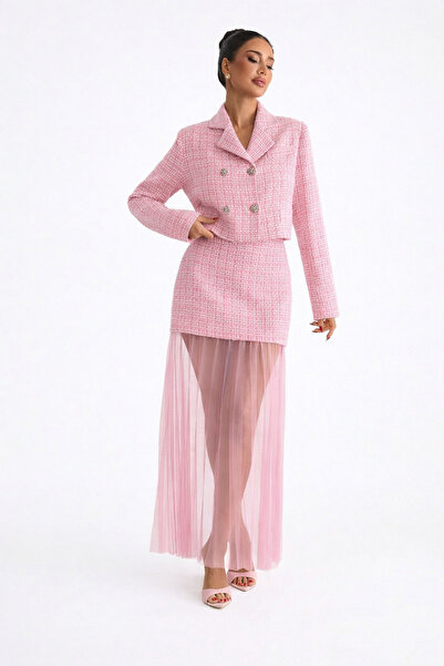 Rora Powder Pink Double-Breasted Tweed Jacket and Tulle Skirt Women's Set – M...