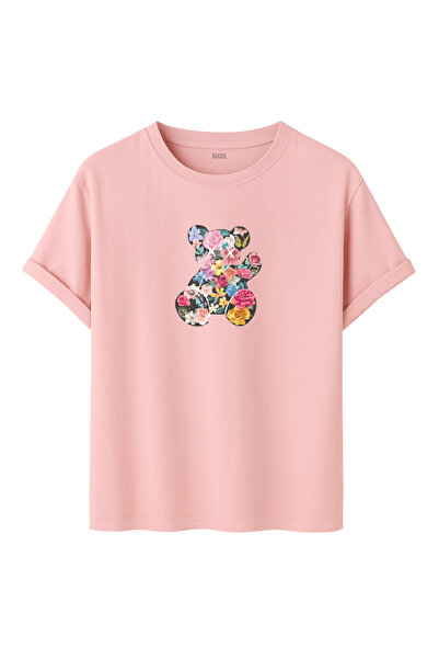 DK DAKSEL تي شيرت نسائي ملون مطبوع عليه زهور ودببة، قطعة أساسية مصنوعة من الق...