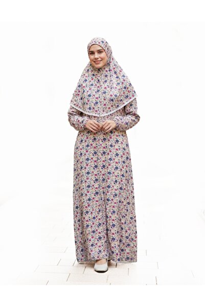 R reisa %100 Pamuk Kırmızı-Siyah Çiçekli Tek Parça Namaz Elbisesi