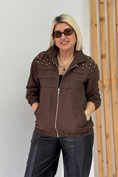 By Esra Celkan Brown Shoulders Stone Embroidered Zippered Bomber Coat