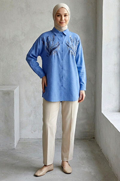 FERHEL Cămașă-tunică din țesătură de in, cu nasturi în față și detalii cu pai...