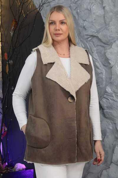 Butik Ayseba Women's Nubuck Fur Collar Buttoned Vest