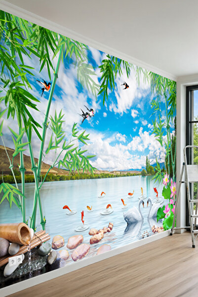 MİRAZAWALL Bambu Göl Manzaralı Kuğu ve Balık Desenli Tek Parça Tekstil Duvar ...