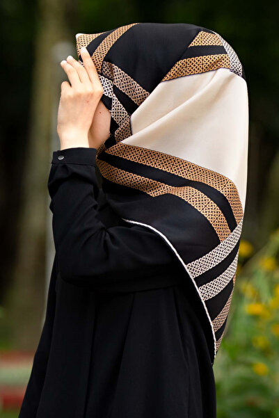 Vissona % 57 İPEK % 43 VİSKON Twill İpek Geometrik Desenli Siyah - Krem Renkl...