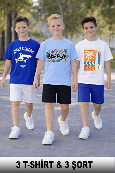 twins tailors طقم تي شيرت وشورت للأولاد مكون من 3 قطع مطبوع عليه سمكة القرش، ...