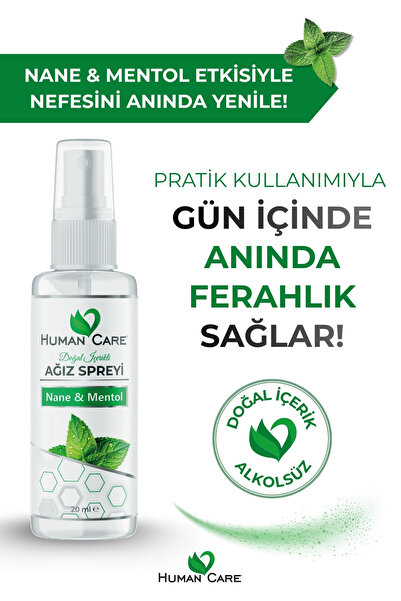 Human Care Ağız Spreyi - Nane & Mentol - Doğal İçerikli Alkolsüz Ağız Kokusu Giderici Önleyici