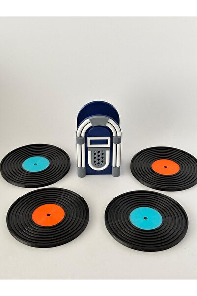 Puzimo Plak Tasarımlı Bardak Altlığı Seti 4’lü – Jukebox Standlı Dekoratif Re...