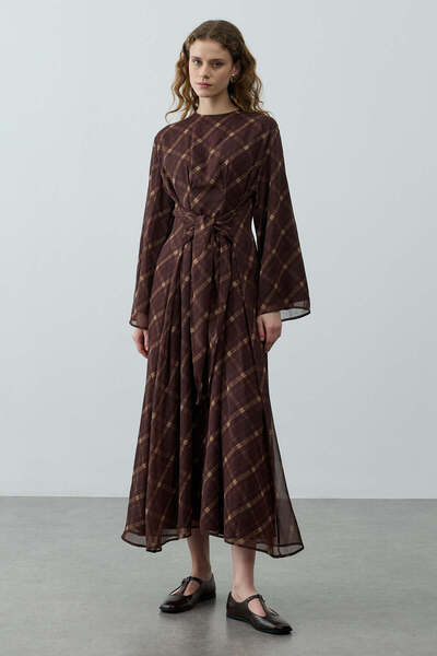 Fahhar Ekose Bağlamalı Elbise Kahverengi