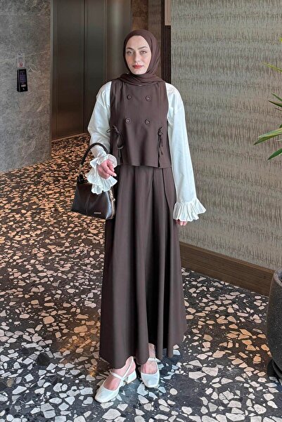 lamelif Düğmeli Yelekli Takım Acı Kahverengi