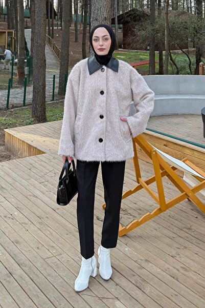 lamelif Leather Collar Coat Cream