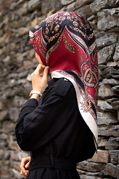 Vissona % 57 İPEK % 43 VİSKON Twill İpek Şal Motif Desenli Bordo - Krem Renkl...