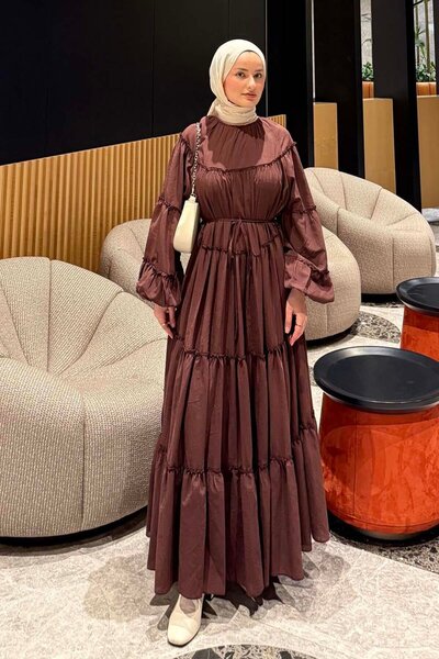 lamelif Rochie Hijab cu Volane Detaliate Maro Amărui