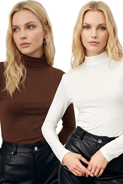 bysoca بلوزة نسائية باللونين البني والأبيض بياقة نصفية وأكمام طويلة من القطن ...