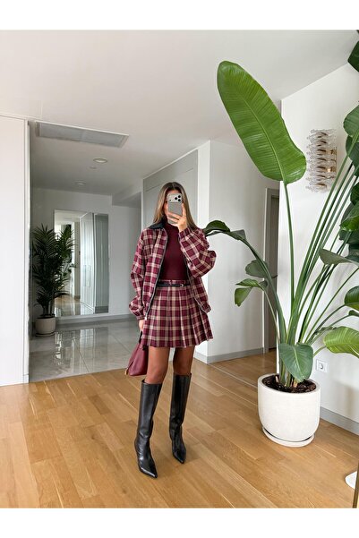 MERVE AKSOY Bussy Kemerli Ekose Desen Mini Etek - Bordo