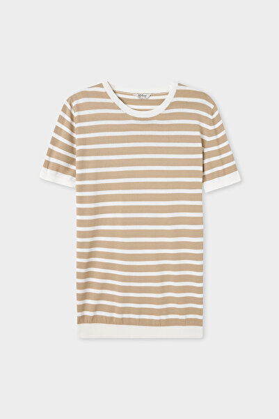 D'S Damat Ds Damat Slim Fit Μπεζ Ριγέ Πλεκτό Μπλουζάκι από Ραγιόν