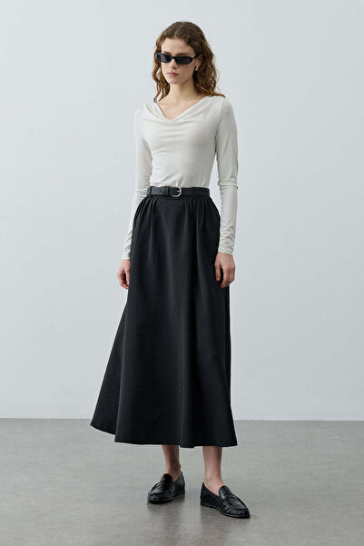 Fahhar Pilili Büzgülü Maxi Etek Siyah
