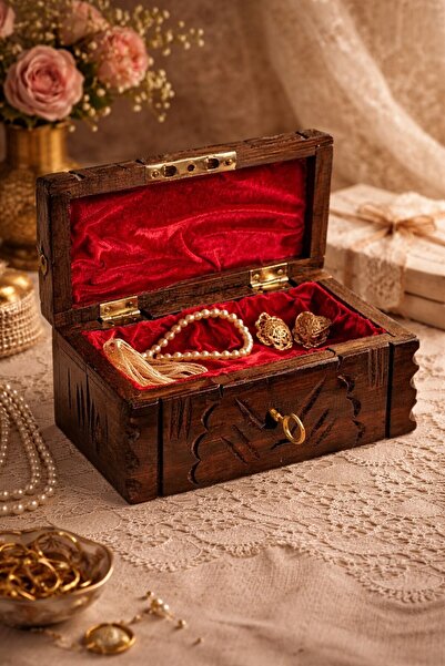 Lexi Bella Embroidered Antique-Looking Gift Box Red Velvet Covered Handmade W...