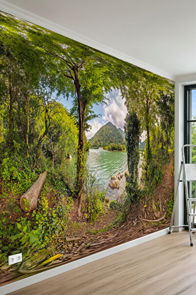 MİRAZAWALL Göl ve Dağ Manzaralı Orman Yolu Tek Parça Tekstil Duvar Kağıdı