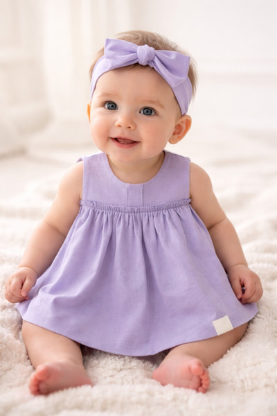 Latelier Midumi Baby, Girl, 100% Organic Cotton, Purple Dress with Bandana