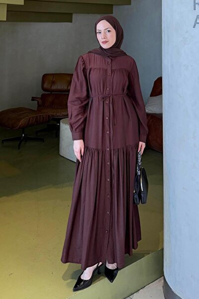 lamelif Tie-Dye Detailed Hijab Dress in Bitter Brown