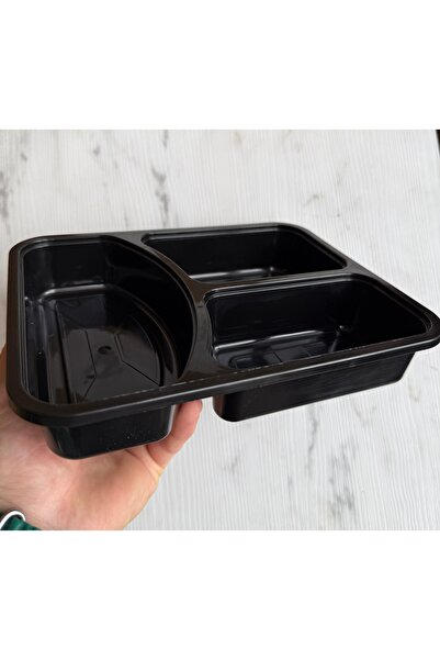 maycup SiyahPlastik Kapaklı Yemek Kabı Mikrodalga Kabı 3 Bölmeli 10 Adet SÜPE...