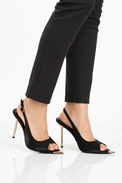 AYAKMOD Pantofi de seară pentru femei, negri, din satin, subțiri, cu toc înal...