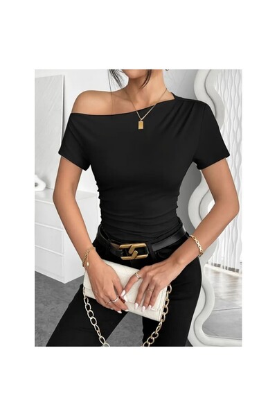 Secret Passion Lingerie Women's Short Sleeve One-Shoulder Gathered Viscose Bl...